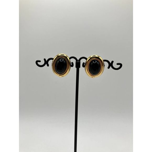 Black Oval Gold-Tone Earrings! - Picture 4 of 9